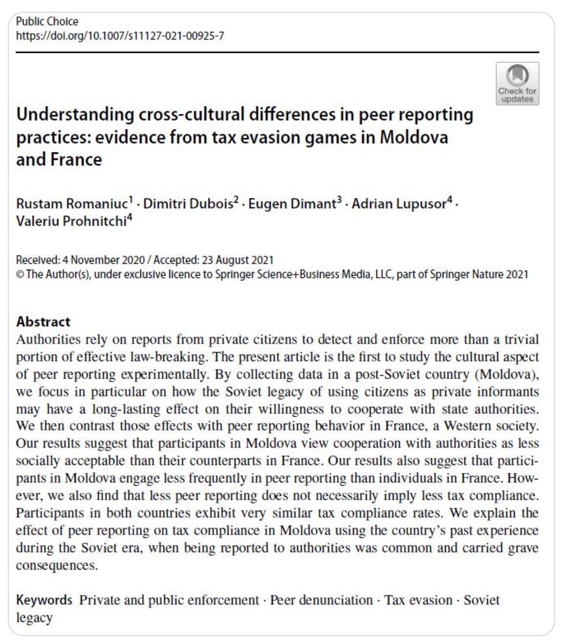 Understanding cross-cultural differences in peer reporting practices: evidence from tax evasion games in Moldova and France