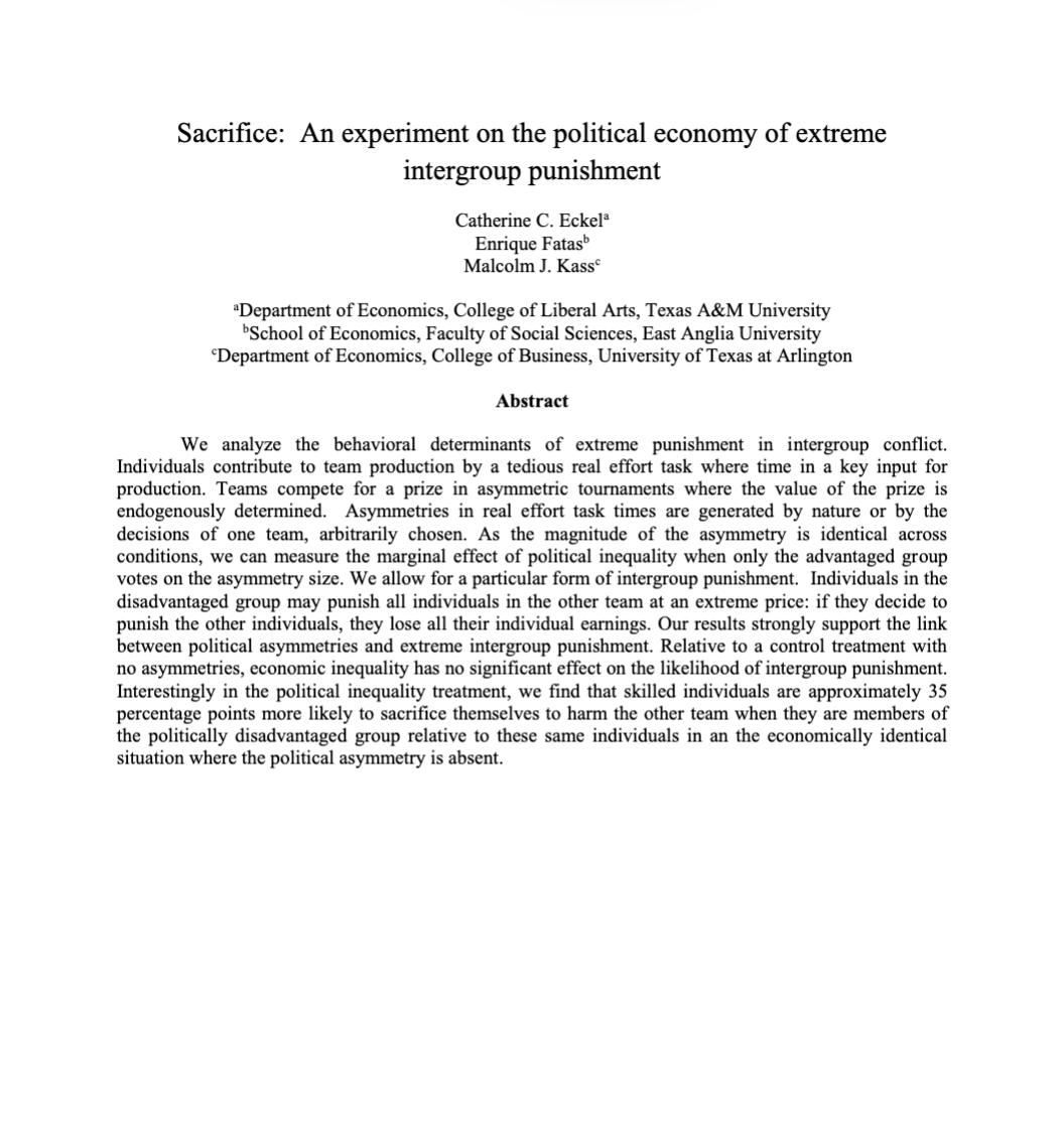 Sacrifice: An experiment on the political economy of extreme intergroup punishment