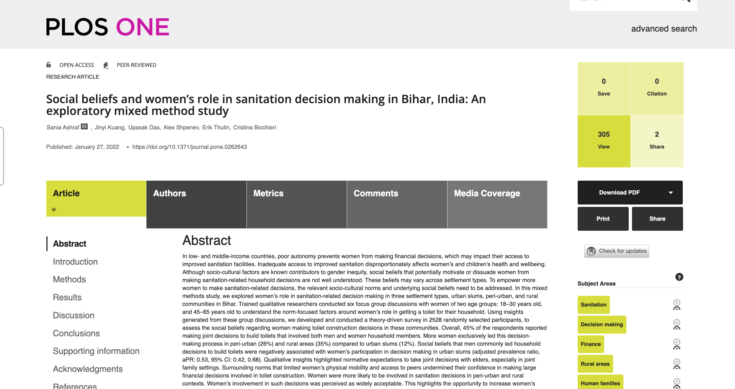 Social beliefs and women’s role in sanitation decision making in Bihar, India: An exploratory mixed method study